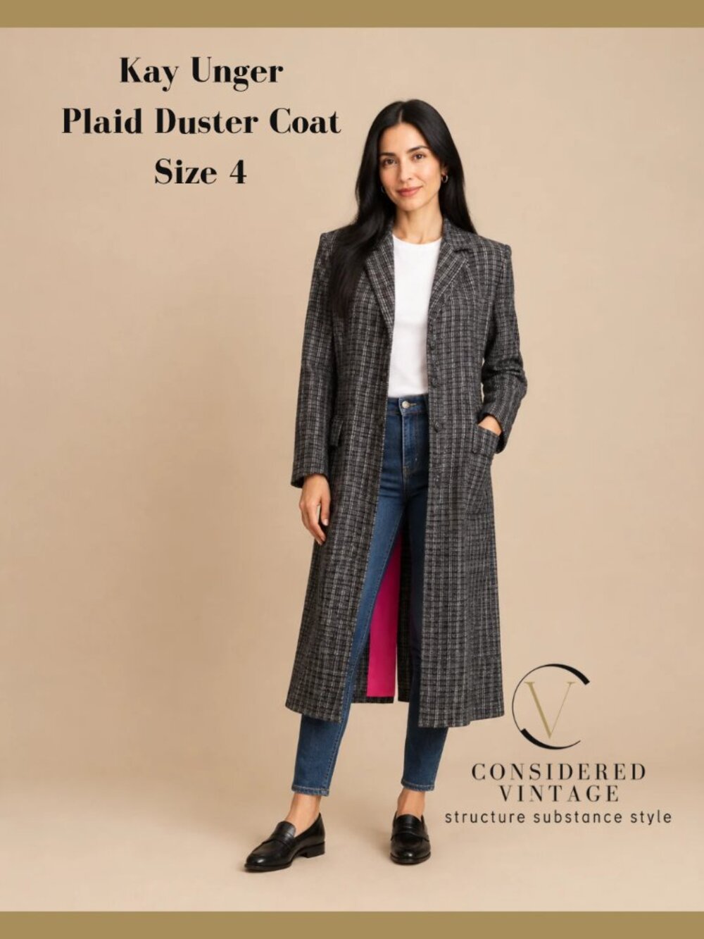 Vintage Kay Unger NY Plaid Duster Trench Coat Size 4 Pink Silk Lining